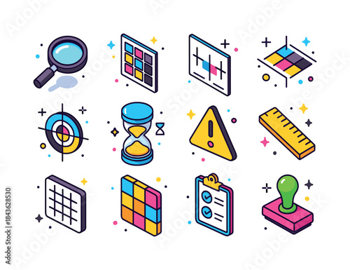 Print Quality Icons. Print Quality Control. Colorful isometric v