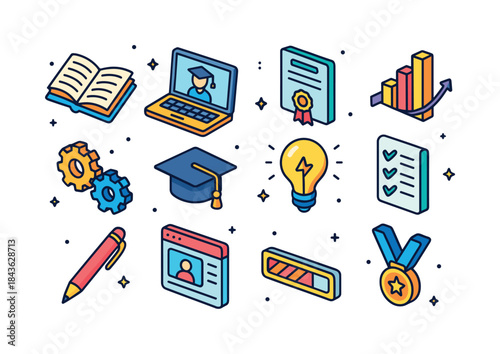 Upskilling Icons Grid. Upskilling. Colorful isometric vector ico