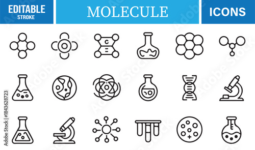 Minimal linear science icon set with molecules, atoms, and lab equipment