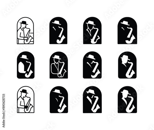 Jazz Saxophone Logo Set. a jazz musician playing a saxophone in