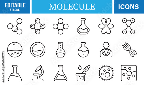 Editable stroke molecule icons featuring chemistry and laboratory symbols