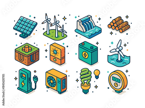 Renewable Energy Icons. Renewable Energy. Colorful isometric vec