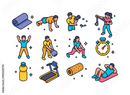 Colorful Home Workout Icons. Home workout. Colorful isometric ve