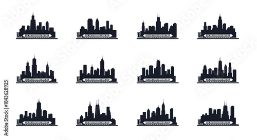 City skyline silhouettes collection, urban landscape vector set.