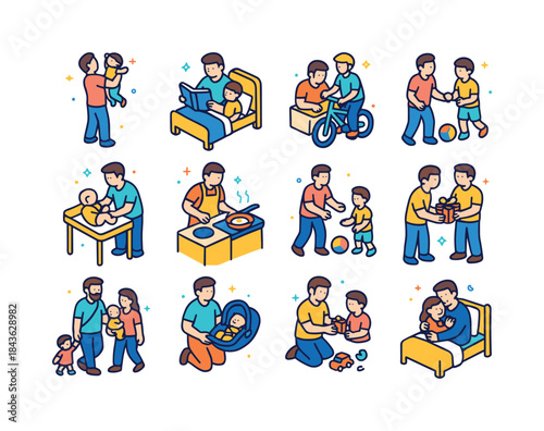 Fatherhood Icons. Fatherhood. Colorful isometric vector icons se