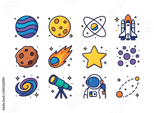 Colorful Space Icons. Space orbit. Colorful isometric vector ico