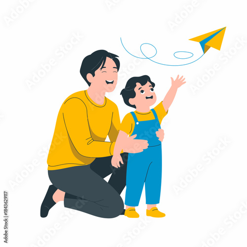 A joyful scene depicts a father and child playing together as the child excitedly throws a paper airplane, capturing their bond, laughter, and cherished moments of childhood.