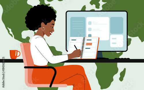 A professional woman sits at her desk, attentively writing in a notebook while using a computer, depicting a blend of productivity and global connectivity in work-from-home scenarios.