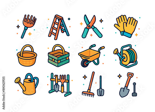 Harvest Tools Icons. Harvest tools. Colorful isometric vector ic