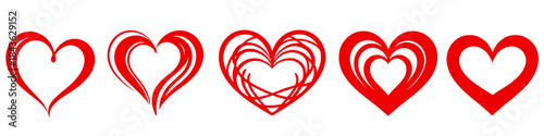Heart Collection: A series of five vibrant red heart shapes, each uniquely designed, symbolizing love, affection, and emotional connection.