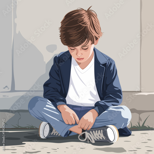 An expressive illustration of a young boy sitting quietly on the ground, appearing thoughtful and introspective with a serious expression and casual attire.