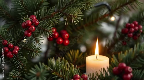 Close up of candle in a spruce tree with berries
