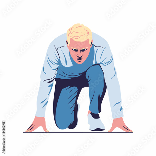 An athletic individual crouches at the start line, showcasing intense focus and readiness to sprint, representing determination, strength, and the spirit of sport and competition.