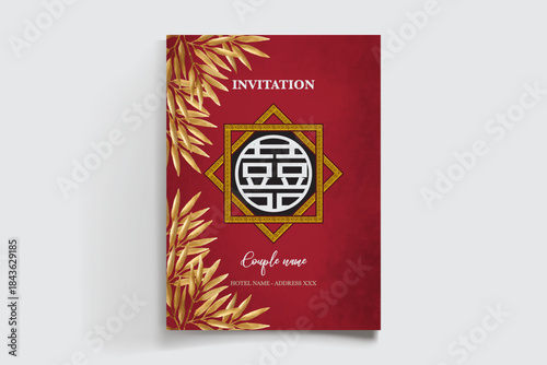 WEDDING INVITATION FRAME WITH FLOWER DECORATIONS AND FRESH LEAVES