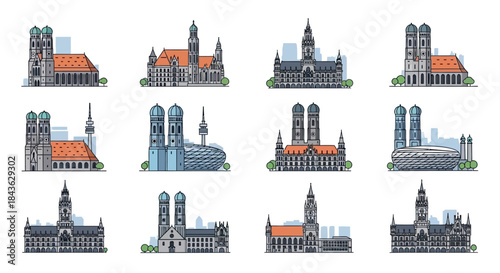 Munich landmarks collection, famous German city architecture.