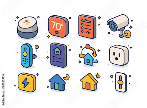 Smart Home Icons Collection. Smart home helpers. Colorful isomet