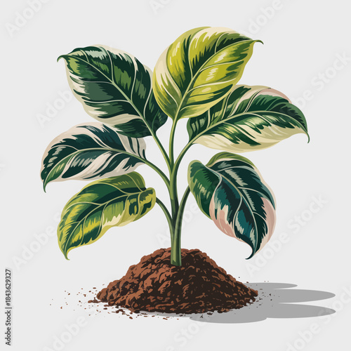 This illustration features a lush green plant with striking variegated leaves emerging from a mound of rich brown soil, symbolizing growth and nature's beauty.