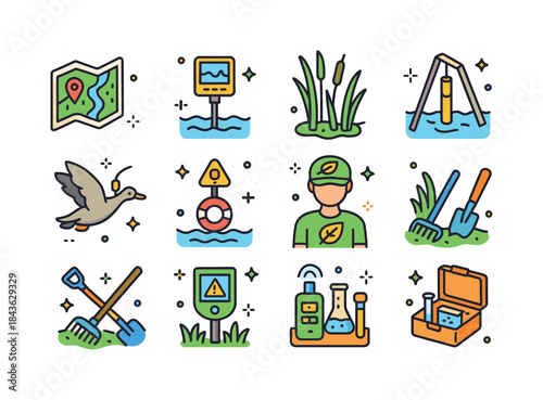 Wetland Conservation Icons. wetland conservation. Colorful isome