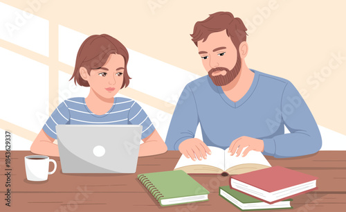 This cozy scene features a father and daughter studying together at a table, symbolizing the importance of learning, connection, and sharing moments of knowledge and understanding.