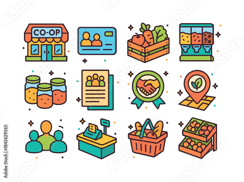 Co-op Icon Collection. Food cooperatives. Colorful isometric vec