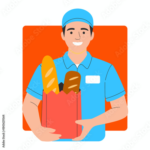 Smiling delivery person holding a bag filled with fresh baked goods, capturing the essence of service, satisfaction, and deliciousness in a vibrant, welcoming illustration suitable for food delivery 