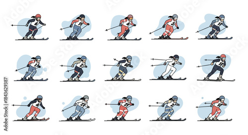 Set of professional skiers in various poses during downhill skiing.