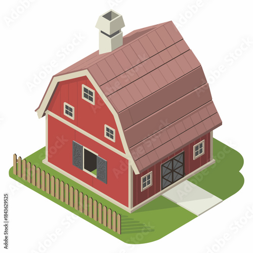 This simplistic illustration showcases a charming red barn with a classic design set in a green landscape, symbolizing rural living and agricultural aesthetics.