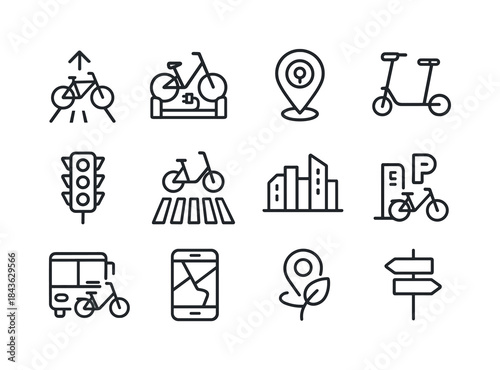 E-Bike Mobility Icons. E-bike urban mobility. Line icon set of e