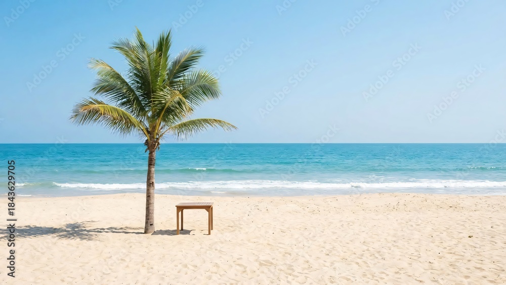 Obraz premium Tropical beach with a lone palm tree wooden table and calm ocean waves under a clear blue sky