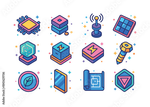 High-Tech Icon Grid. High-tech structures. Colorful isometric ve