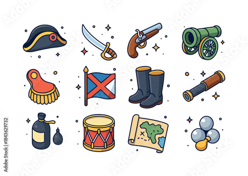 Napoleonic Wars Icon Set. Napoleonic wars. Colorful isometric ve