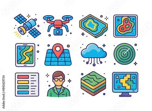 Isometric Remote Sensing Icons. Remote sensing and mapping. Colo