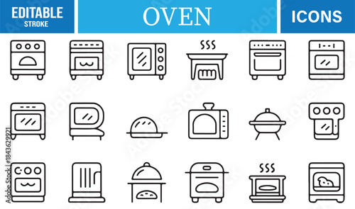 Kitchen appliance icon set featuring ovens, grills, and baking tools
