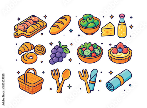 Gourmet Picnic Icons. Gourmet Picnic. Colorful isometric vector