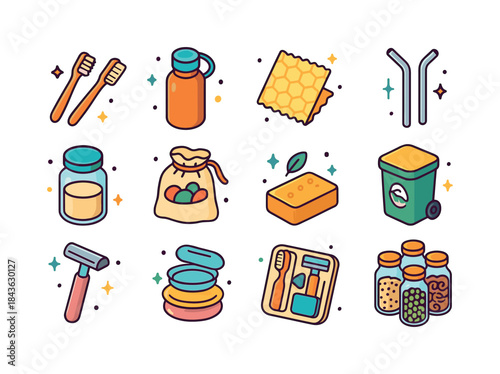 Zero-Waste Icon Set. Zero-Waste Lifestyle. Colorful isometric ve