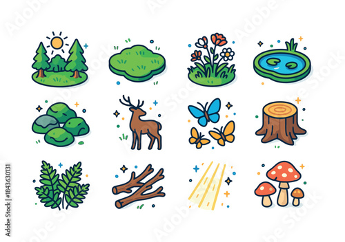 Colorful Forest Icons. Glade. Colorful isometric vector icons se