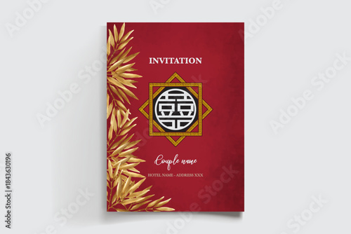 WEDDING INVITATION FRAME WITH FLOWER DECORATIONS AND FRESH LEAVES