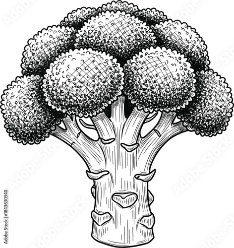 Hand drawn broccoli illustration in detailed vintage engraving style, organic vegetable sketch isolated on white background