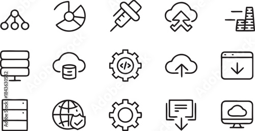 Set of minimalist line art technology icons perfect for data management cloud computing and network infrastructure concepts