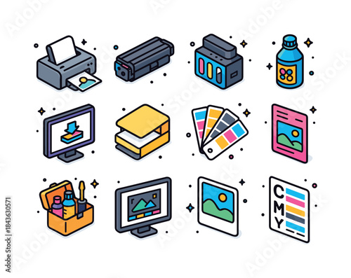 Colorful Printing Icons. Digital printing. Colorful isometric ve