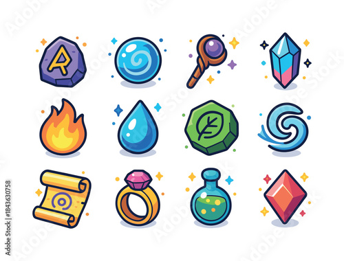 Fantasy Sorcery Icons. Fantasy sorcery. Colorful isometric vecto
