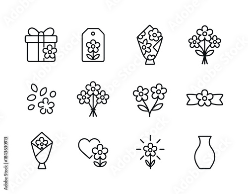 Floral Gift Icons. Flower gifts. Line icon set of Flower gifts: