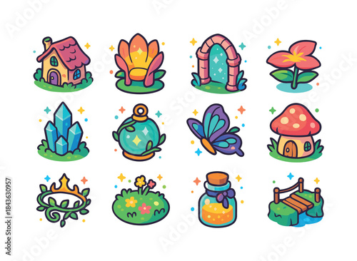 Fairy Realm Icons. Fairy realms. Colorful isometric vector icons