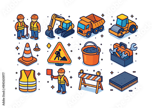 Colorful Roadwork Icons. Roadwork teams. Colorful isometric vect