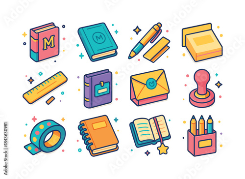 Colorful Stationery Icons. Custom stationery. Colorful isometric