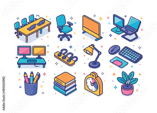 Colorful Workstation Icons. Shared workstations. Colorful isomet