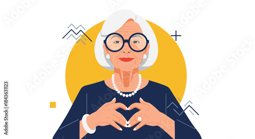 Loving elderly woman with white hair and glasses smiles warmly while making a heart shape with her hands in a modern illustration.