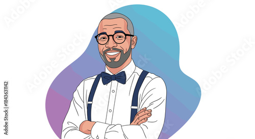 Dapper and friendly man with a beard, glasses, and bow tie smiles confidently with his arms crossed in a stylish character portrait.