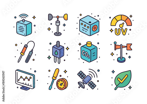 Environmental Monitoring Icons. Environmental monitoring. Colorf