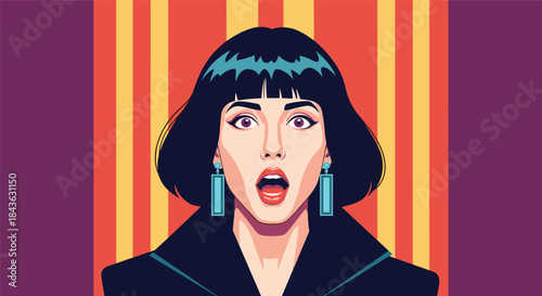 Pop art style illustration of a surprised woman with a black bob hairstyle and large earrings, her mouth open in shock or awe.
